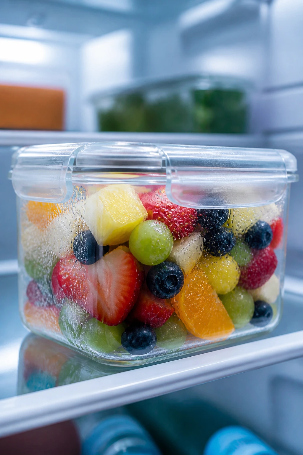 A airtight fruit salad container in a refrigerator showing cooling for freshness