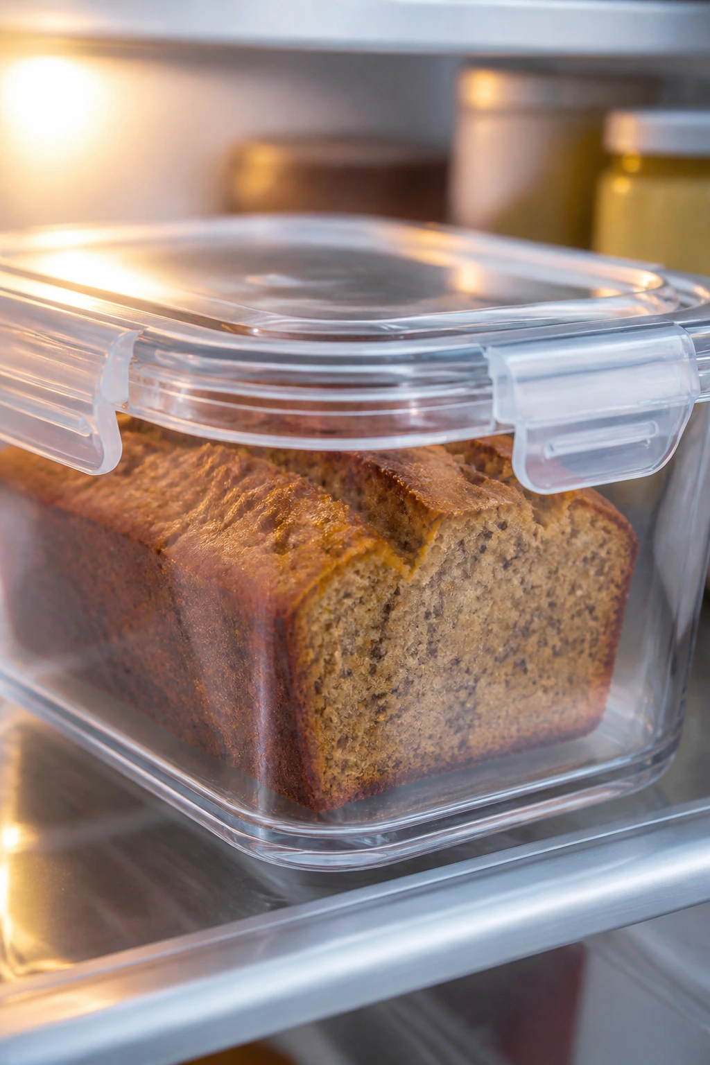 Banana bread inside clear airtight container in refrigerator