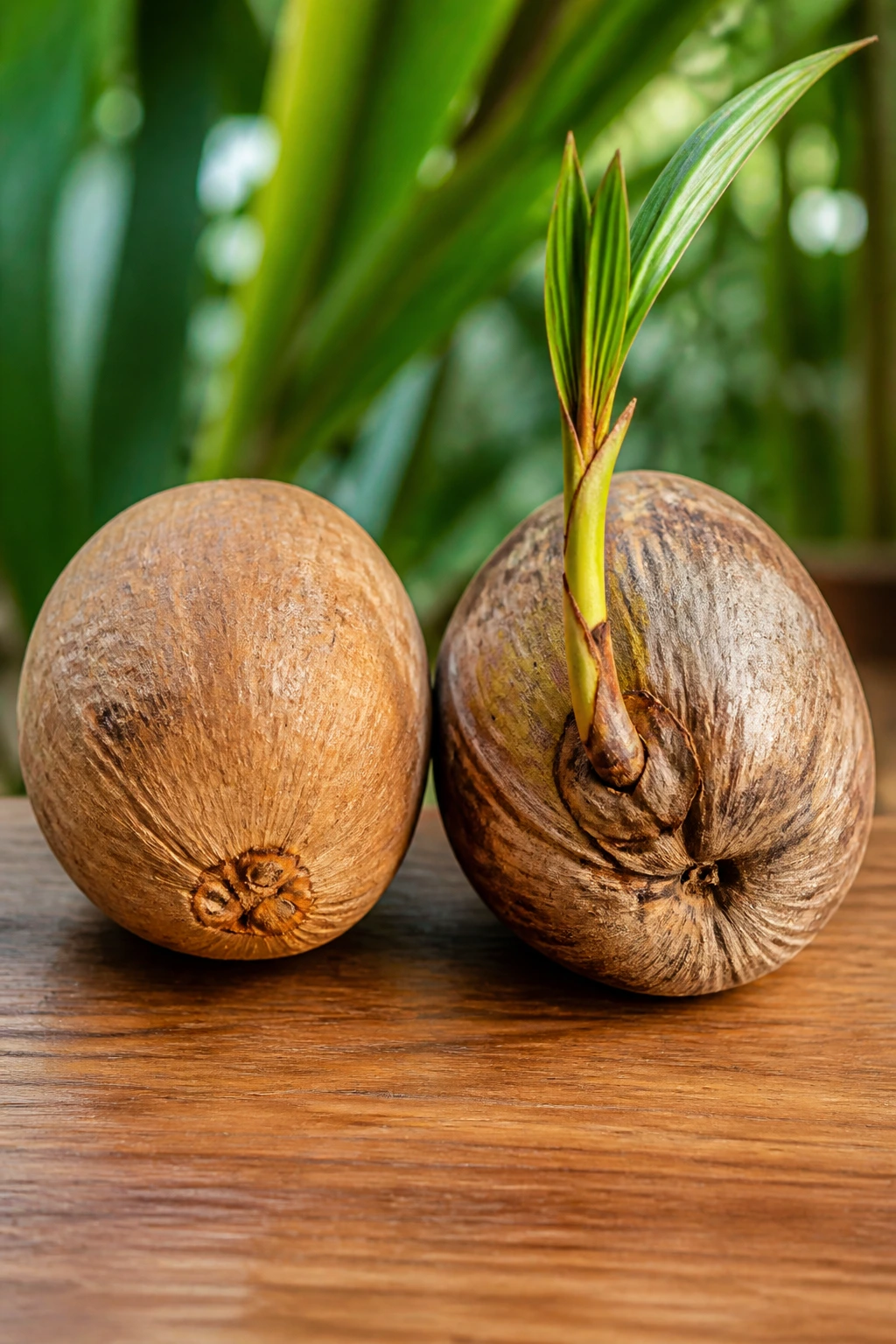 What Is A Sprouted Coconut? Everything You Need To Know 2 Regular coconut and sprouted coconut side by side on a wooden surface