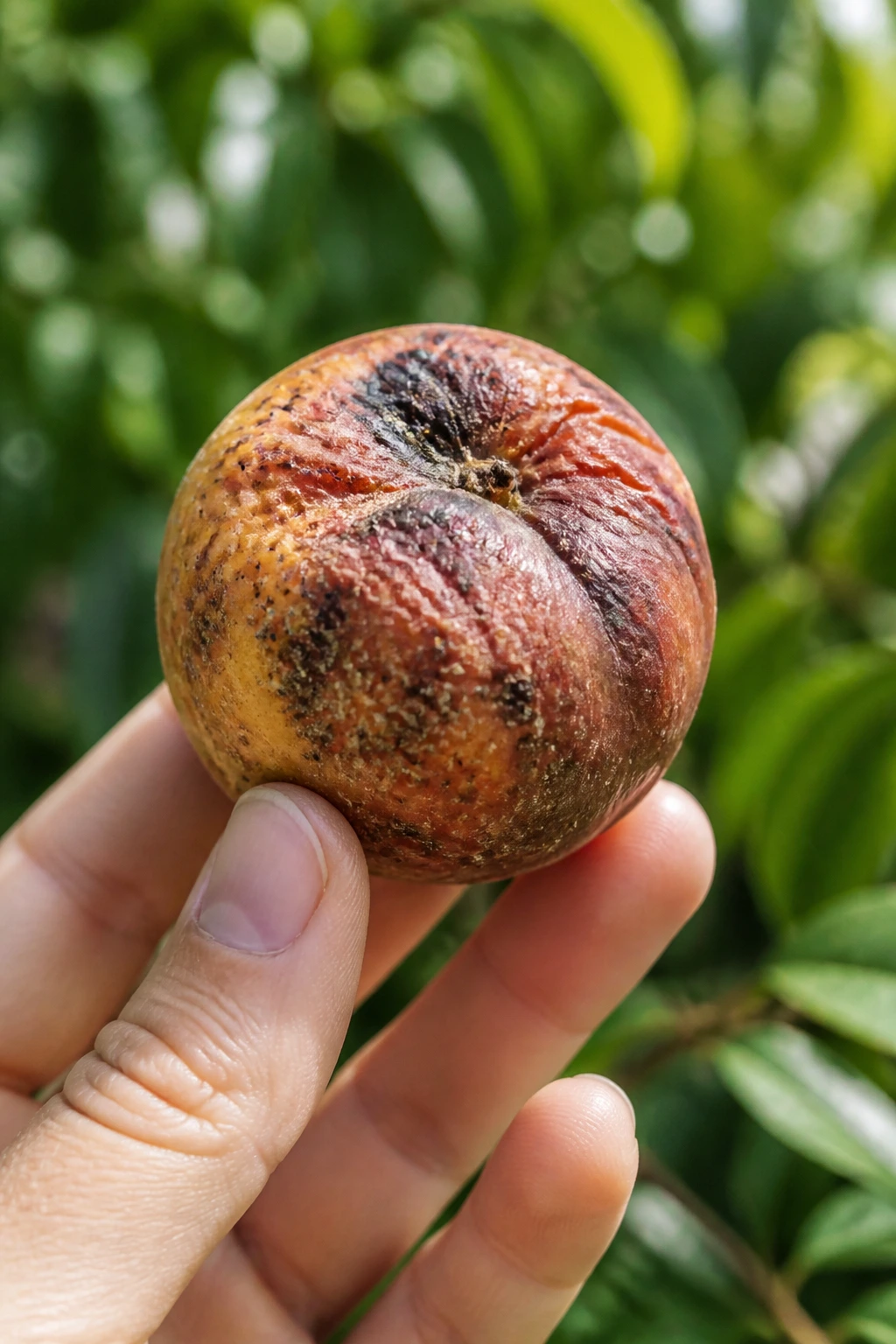 Diseased fruit being removed from a tree in a sunlit garden