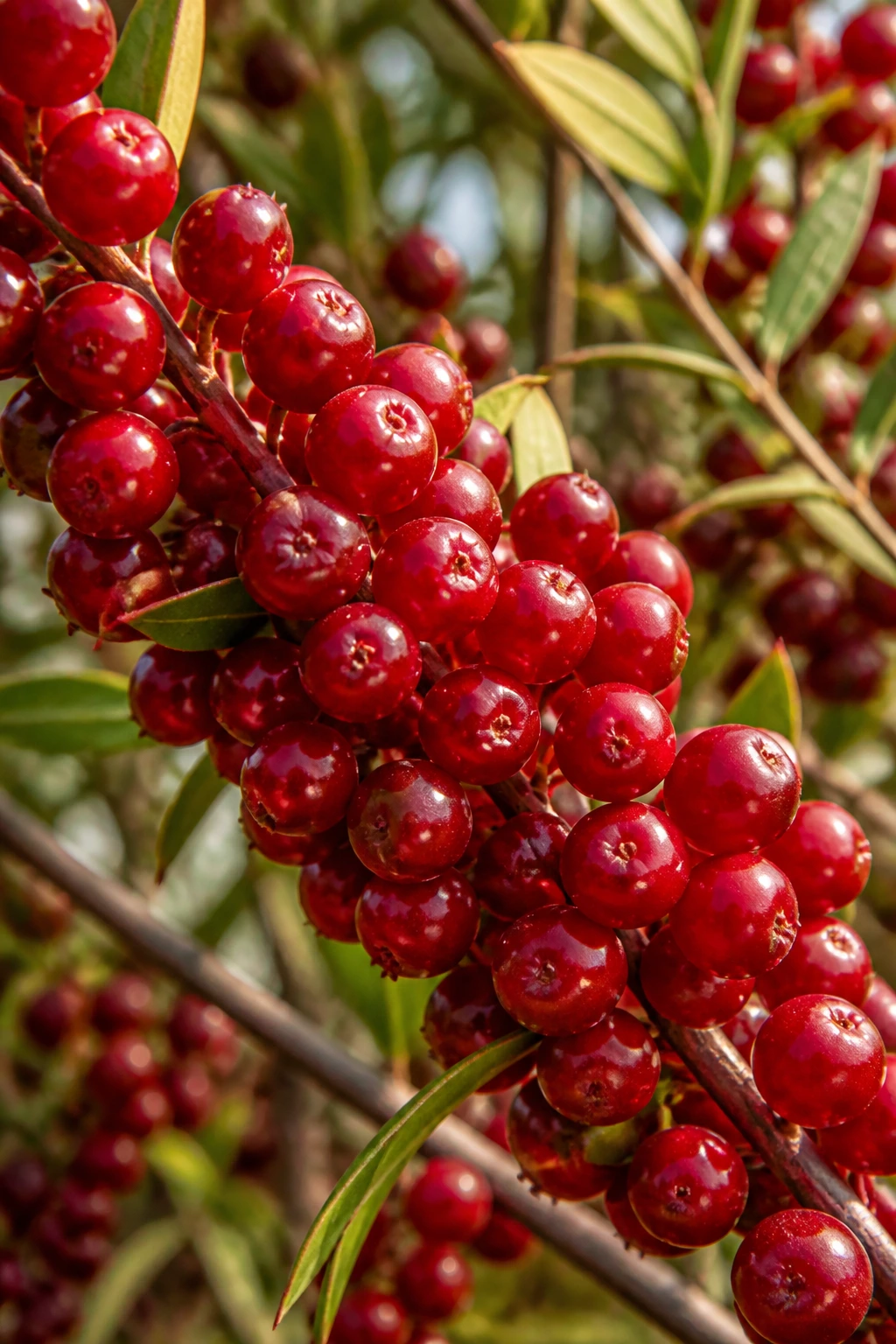 Close-up of glossy red riberries on a branch in a native Australian bush