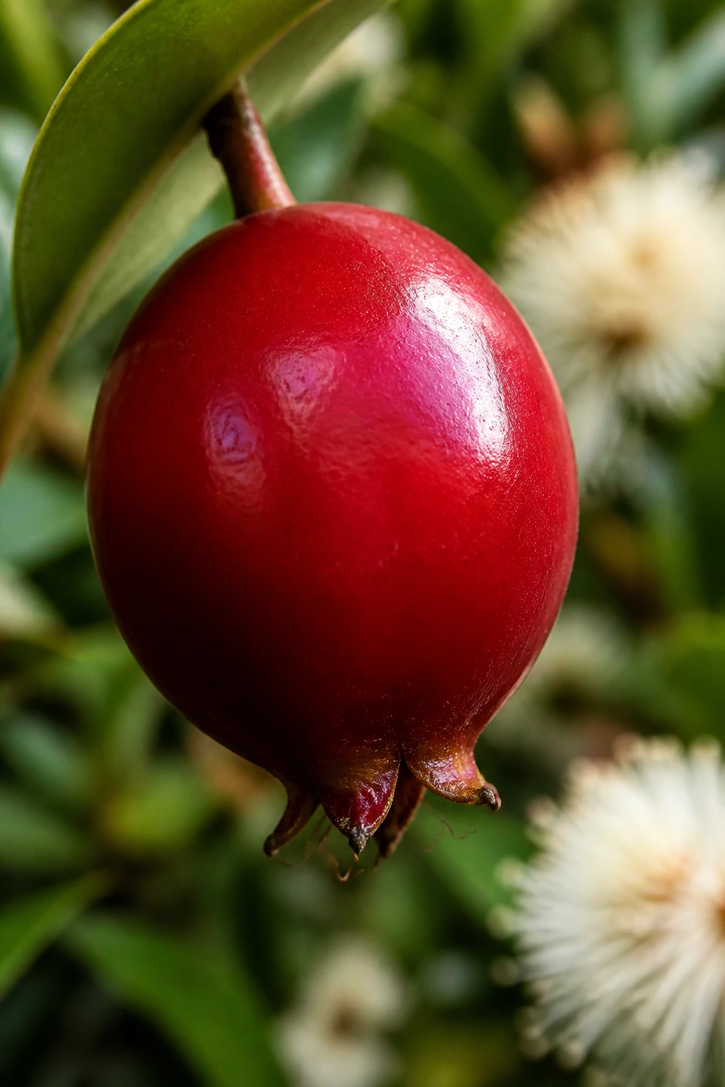 Riberry (Syzygium luehmannii):Â All You Need To Know This Fruit 2 Close-up of a single glossy riberry berry with green leaves in a garden