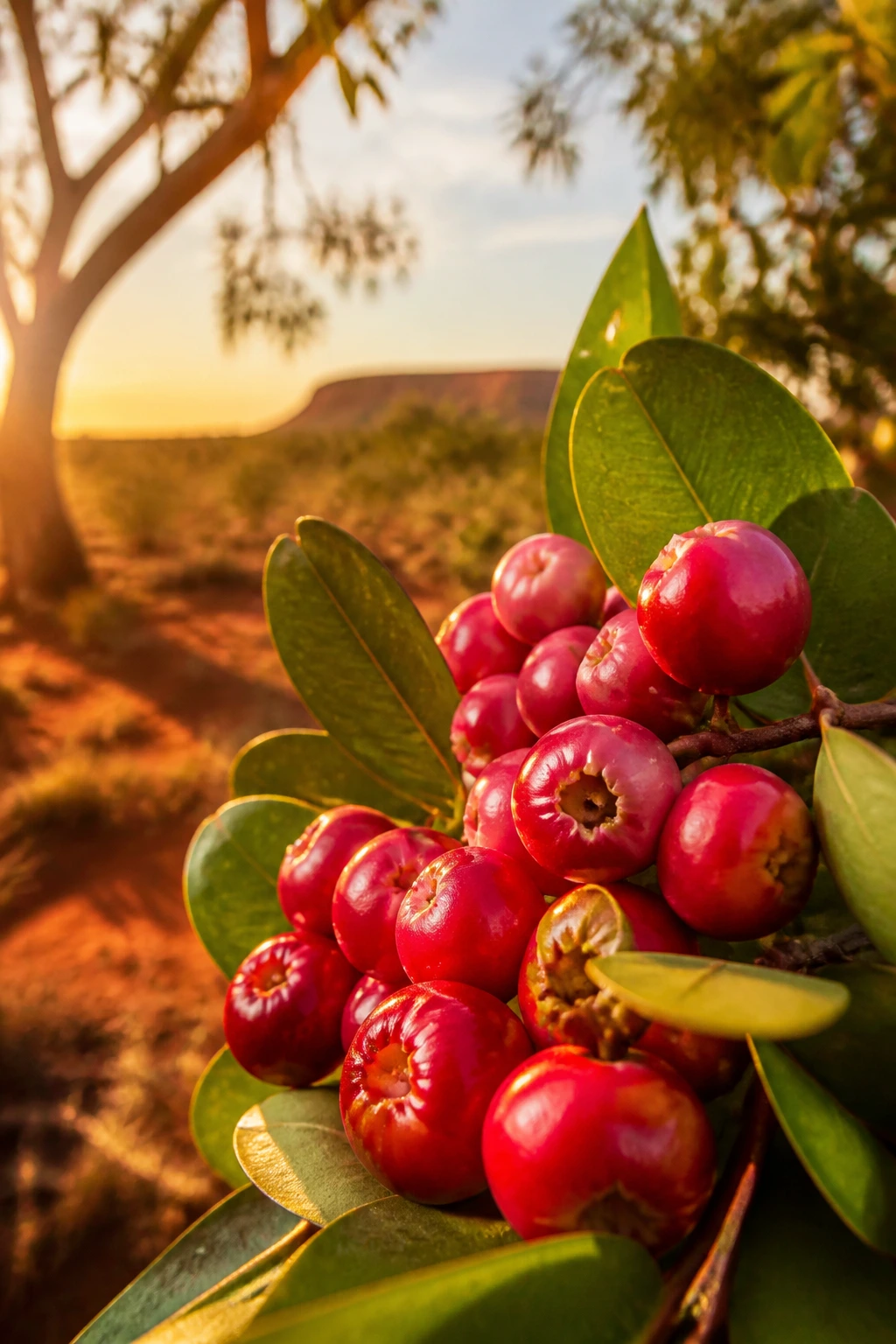 Riberries on a branch with warm Australian landscape