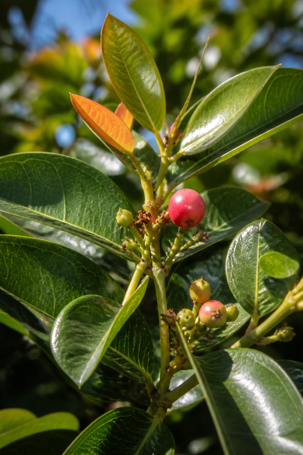 Riberry branch with developing fruit in a sunny garden