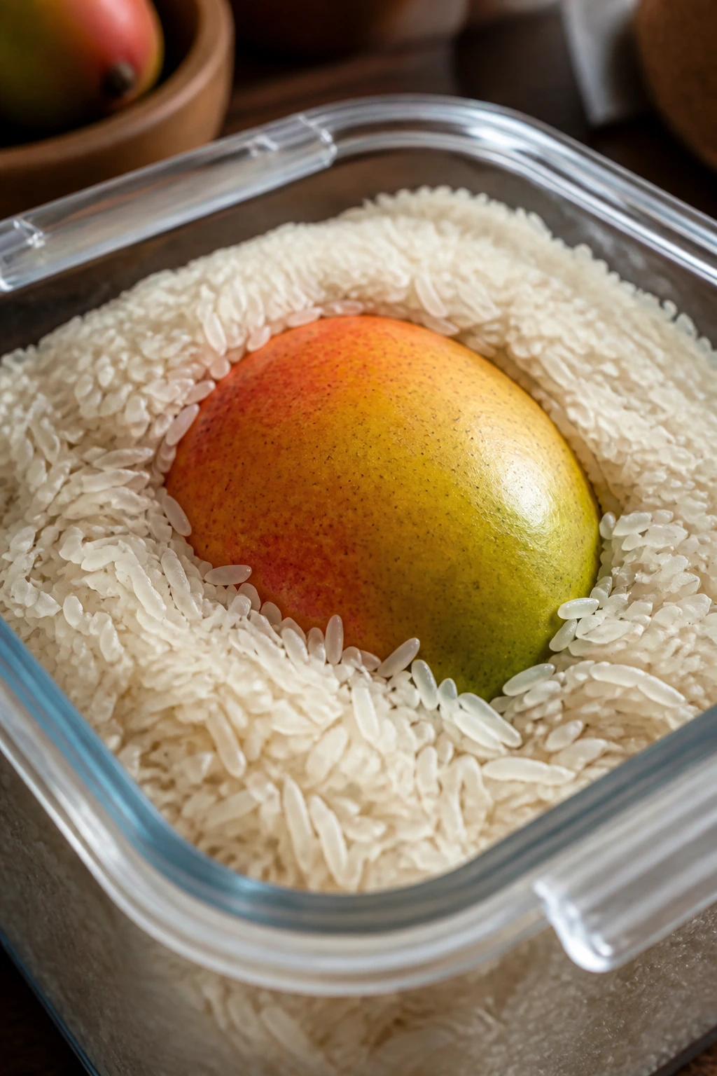 Mango buried in rice inside a container for accelerated ripening