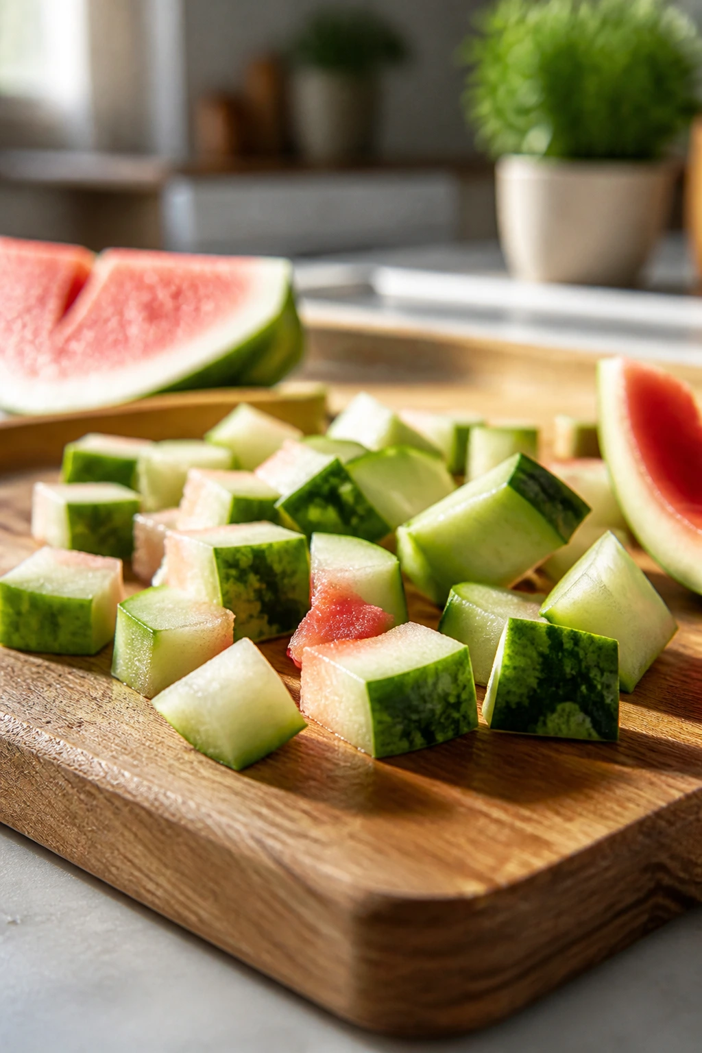Can Dogs Eat Watermelon Rind? Any Effects Or Benefits? 4 Small pieces of watermelon rind on a wooden cutting board
