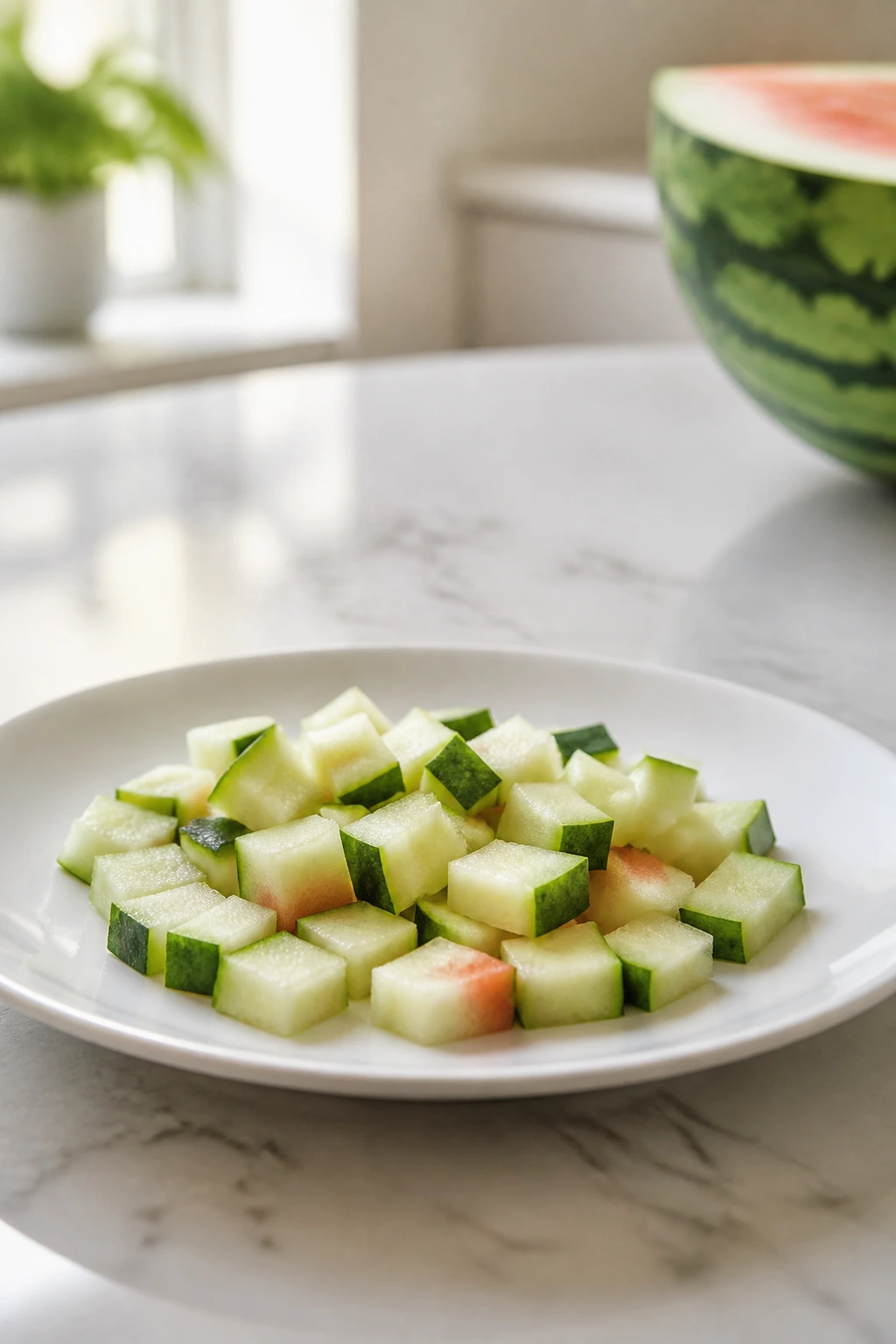 Can Dogs Eat Watermelon Rind? Any Effects Or Benefits? 3 Small diced pieces of watermelon rind on a white plate