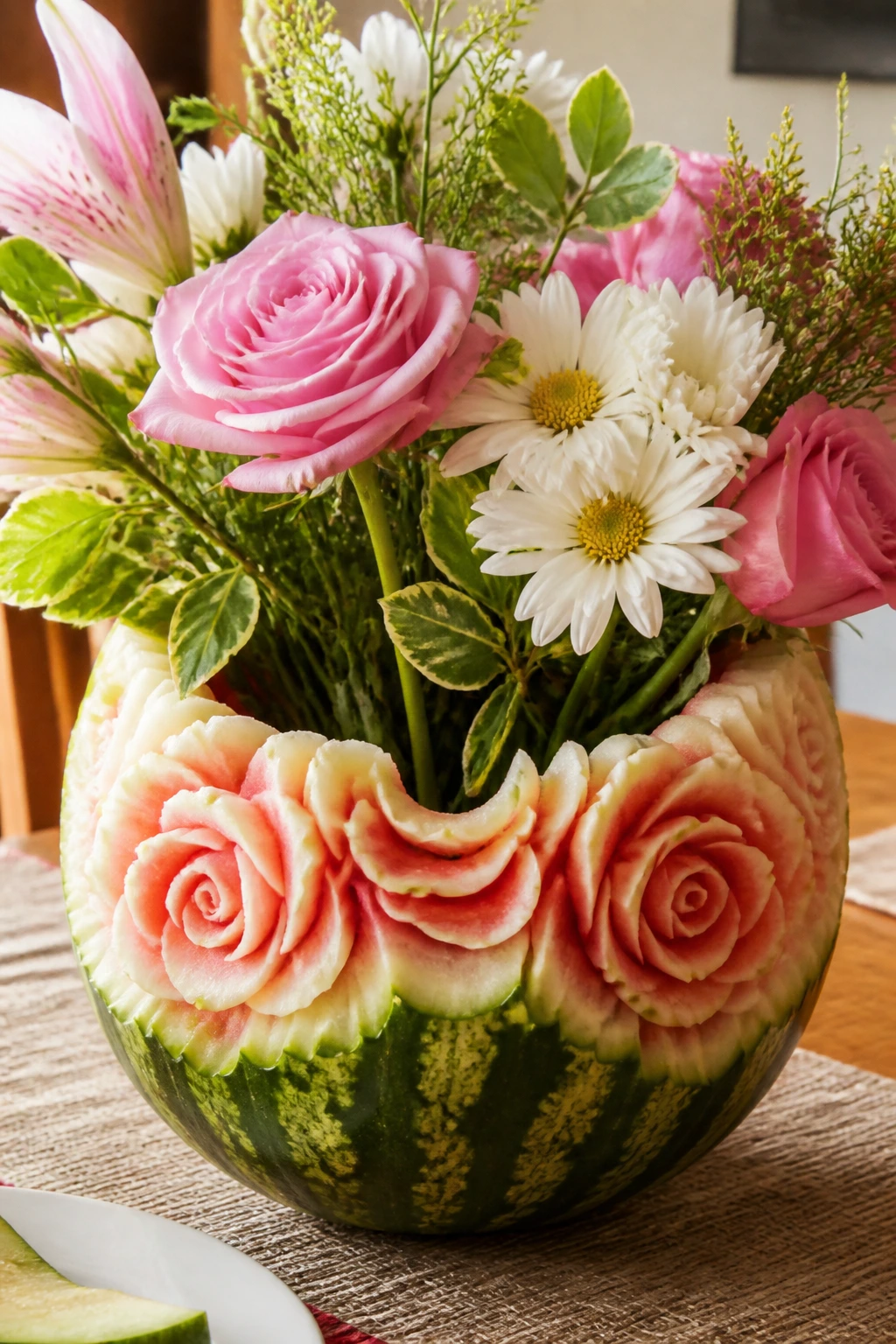 Carved watermelon rind vase with flowers on a table.