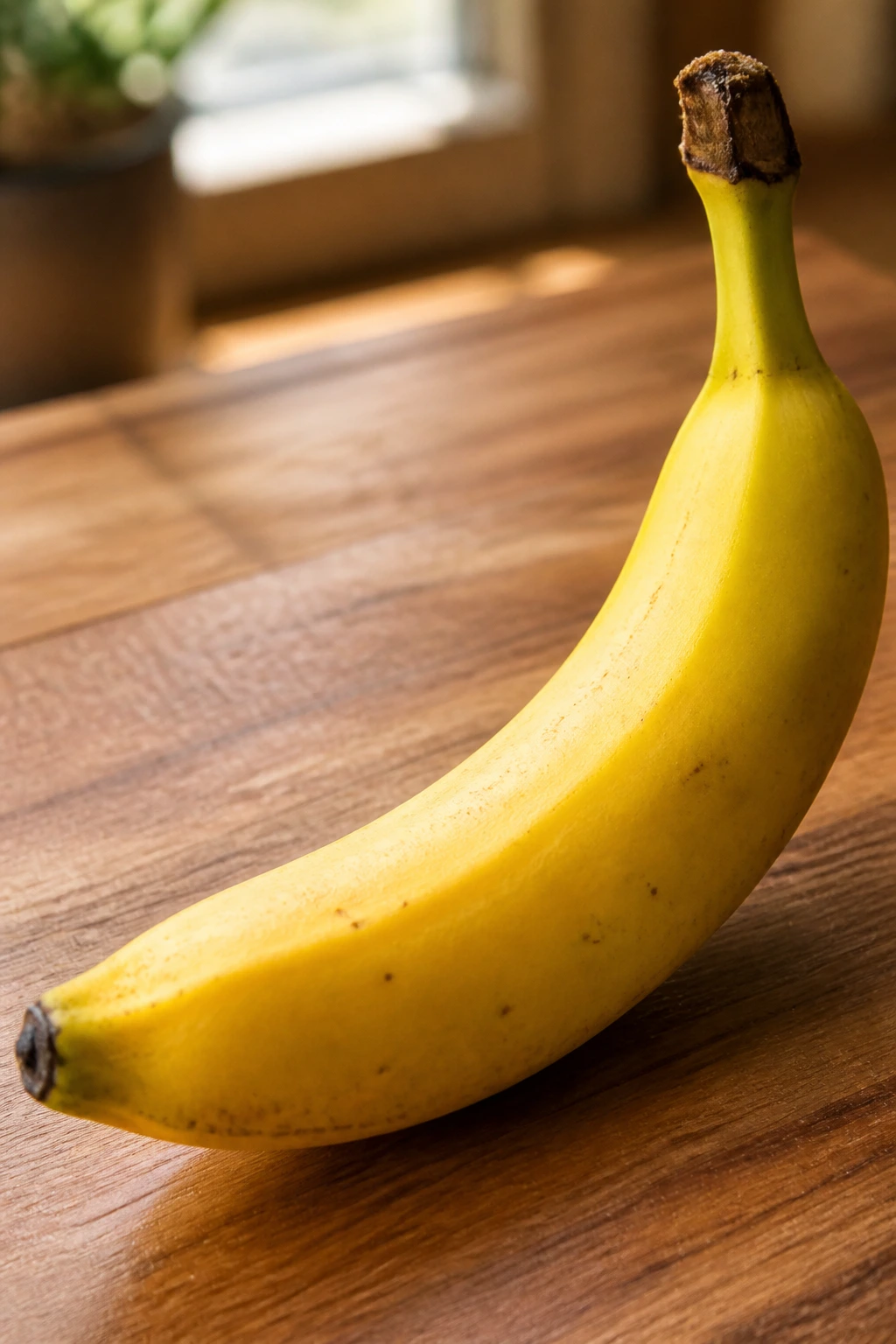 Why Are Bananas Yellow? How Do They Get Their Yellow Color? 7 Close-up of a ripe yellow banana on a warm kitchen counter highlighting ripening color change