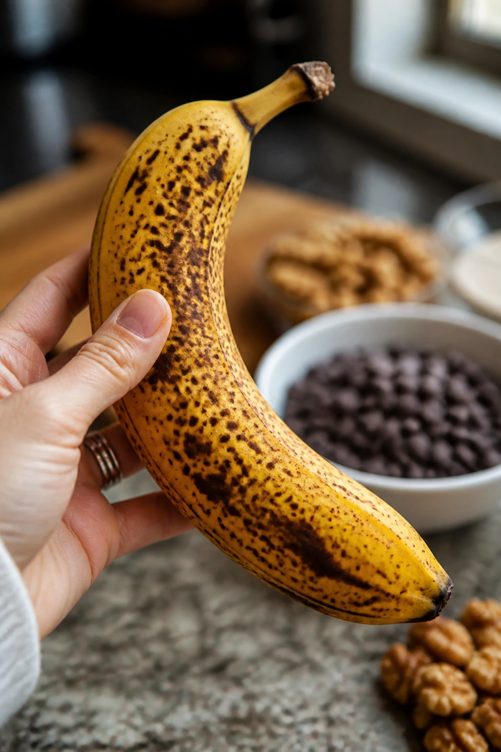 How To Make Gluten-Free Banana Chocolate Chip Muffins 3 Close-up of ripe banana with brown spots in kitchen