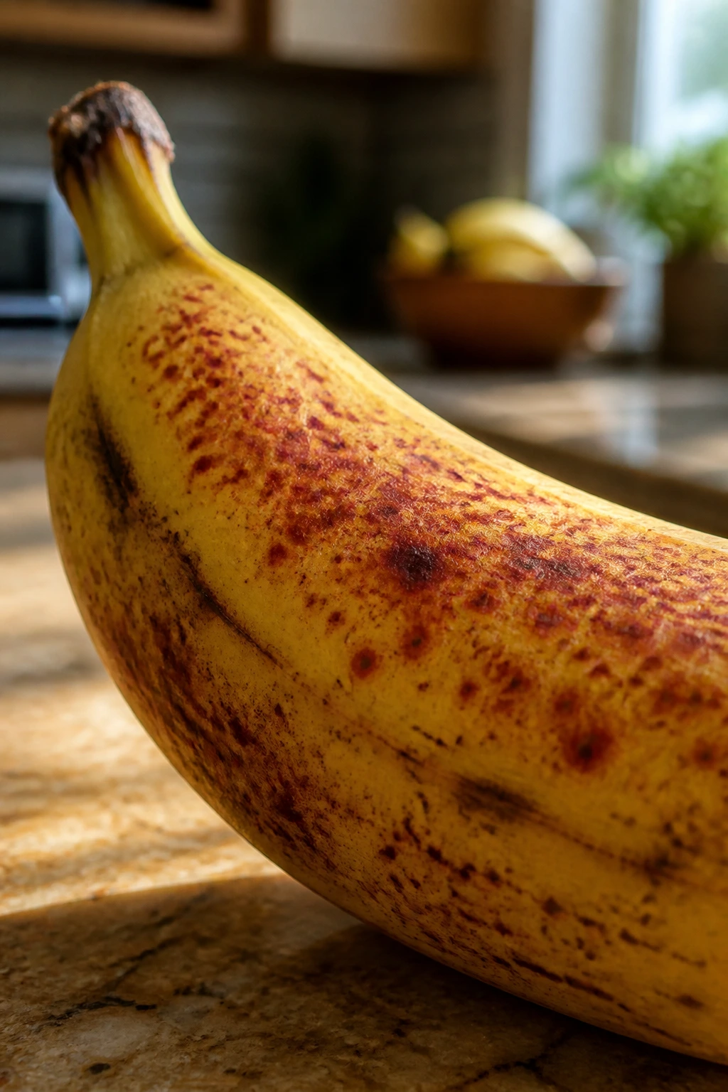 Is It Safe To Eat Bananas With Red Spots? Here are the Facts. 2 Close-up of a ripe banana with red spots on the peel in a kitchen setting