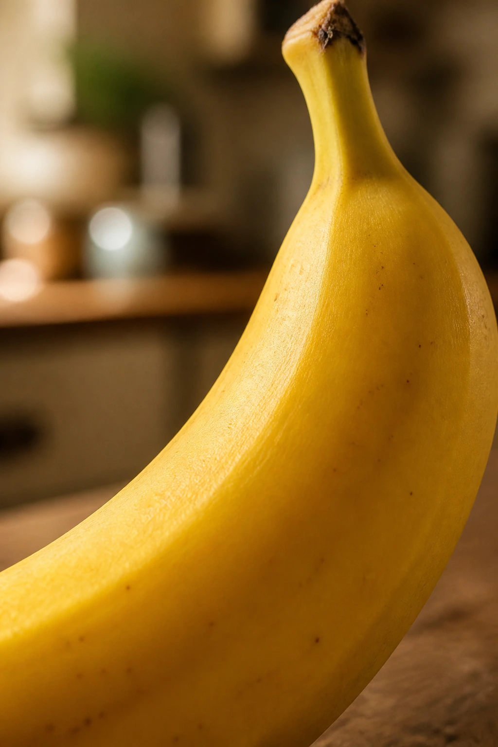 Why Are Bananas Yellow? How Do They Get Their Yellow Color? 2 Close-up of a ripe yellow banana on a warm kitchen surface