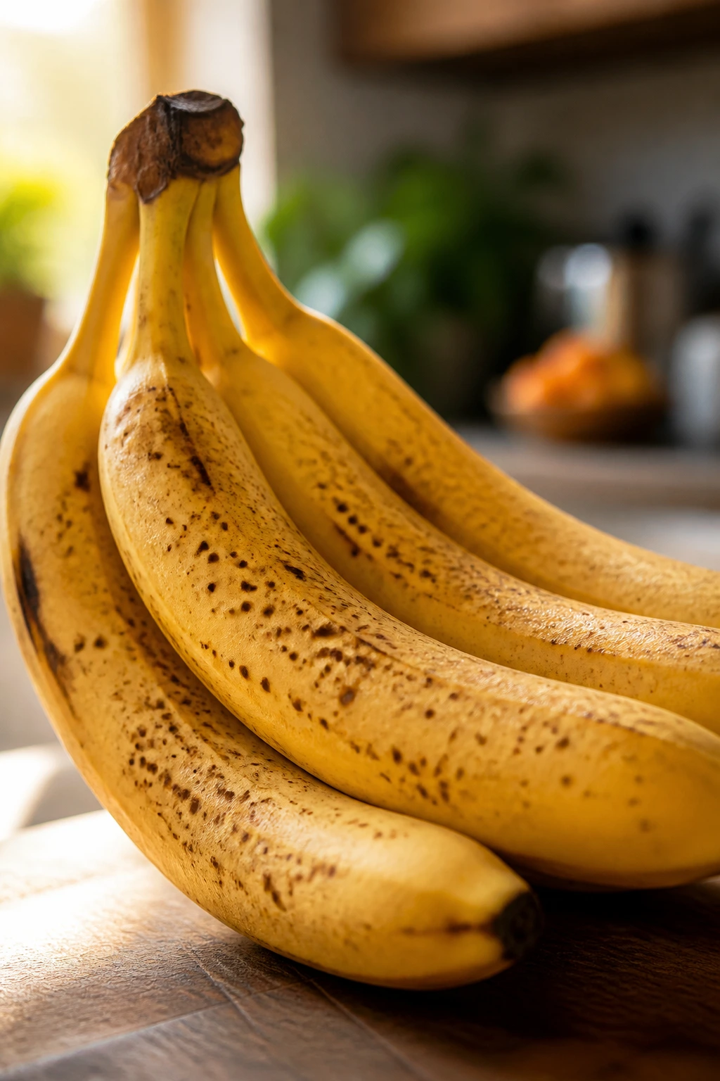 Medium close-up of ripe yellow bananas in warm kitchen lighting