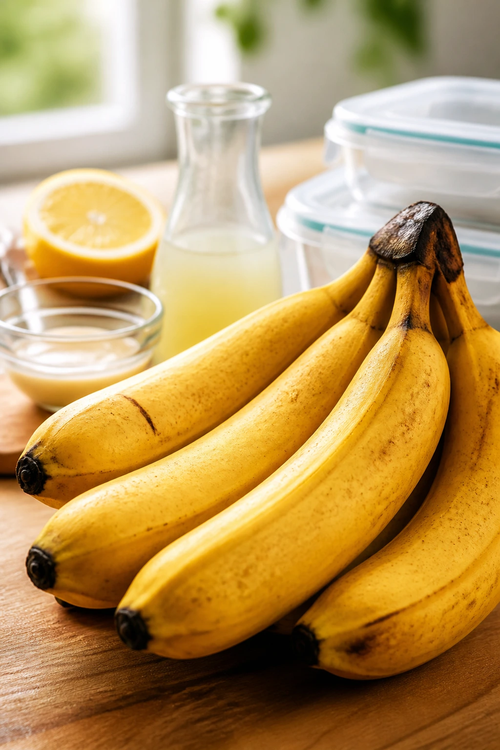Close-up of ripe bananas on a kitchen counter.