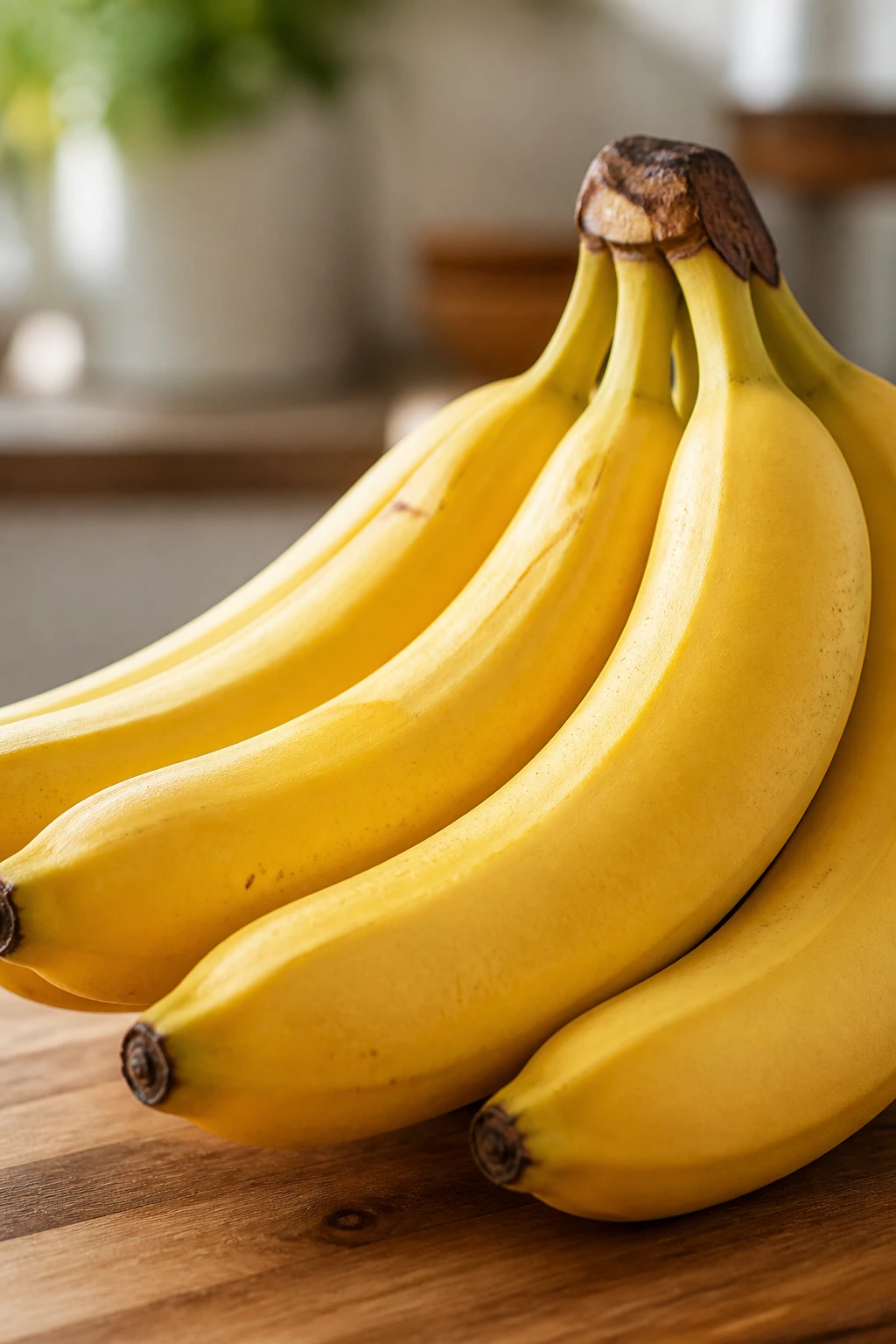 Why Are My Bananas Still Green After 2 Weeks Or More? 9 Close-up of ripe banana bunch on kitchen counter in daylight