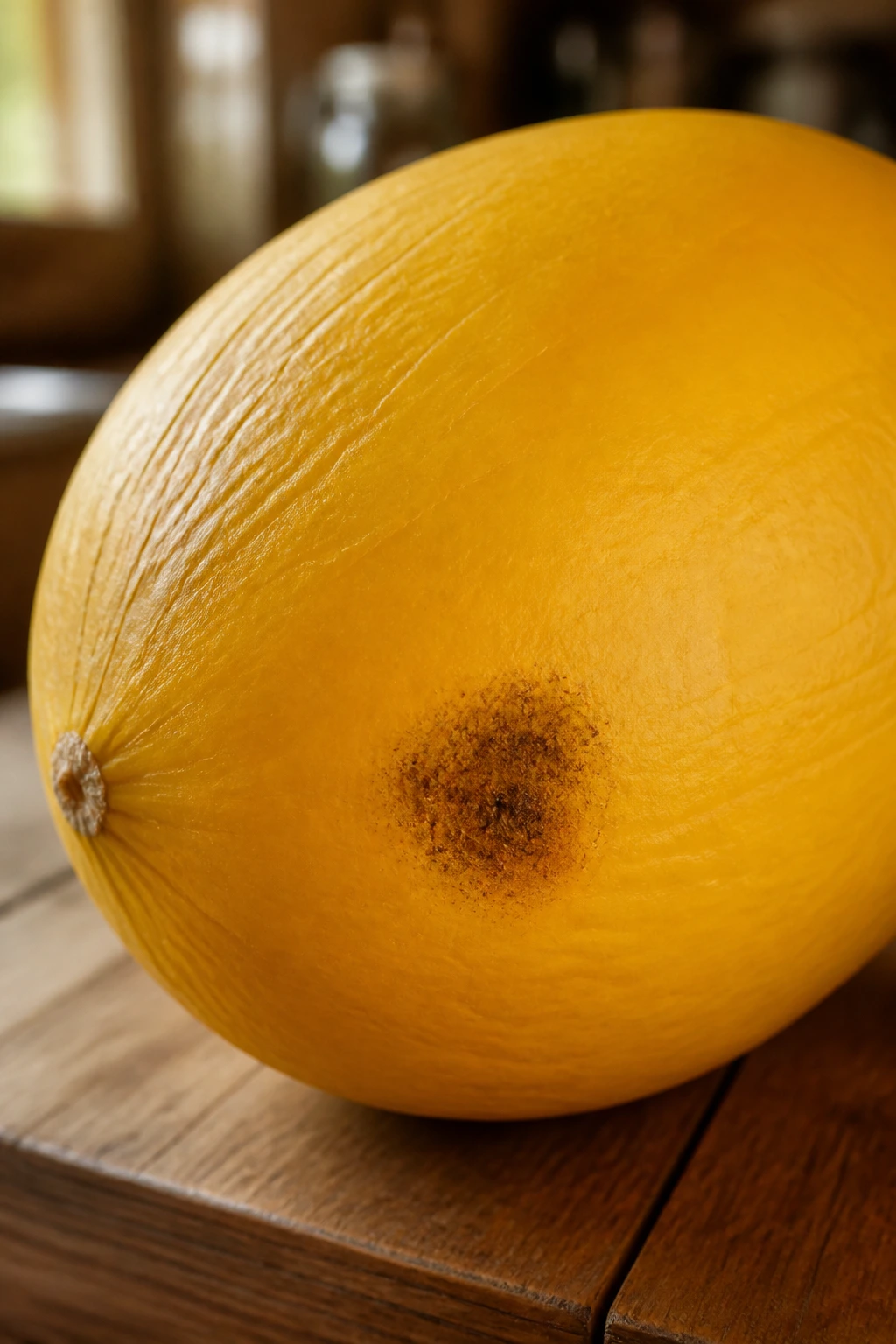 How To Tell If A Canary Melon Is Ripe 1 Close-up of a ripe Canary Melon showing bright yellow skin and a sugar spot