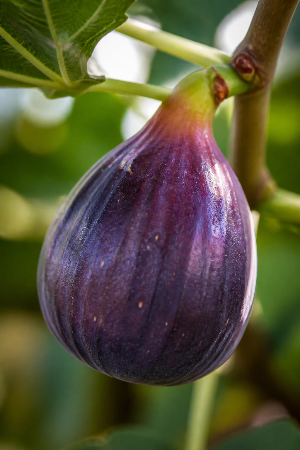 Close-up of a ripe fig on the stem showing color and texture cues
