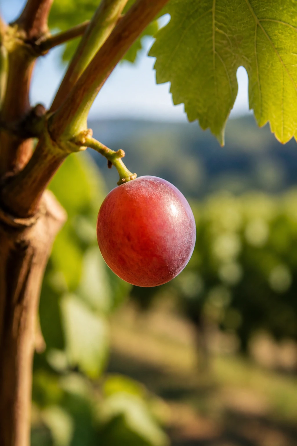 Ripe grape on a sunlit vine filling the frame
