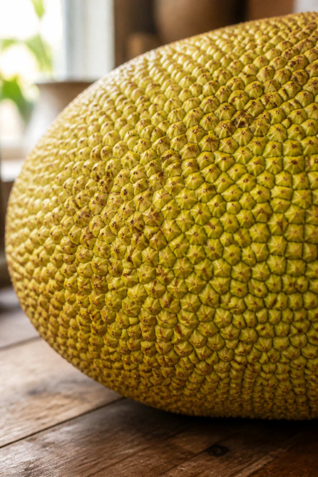 How To Tell If A Jackfruit Is Ripe? Here's How You Know 1 Close-up of a ripe jackfruit on a rustic kitchen counter