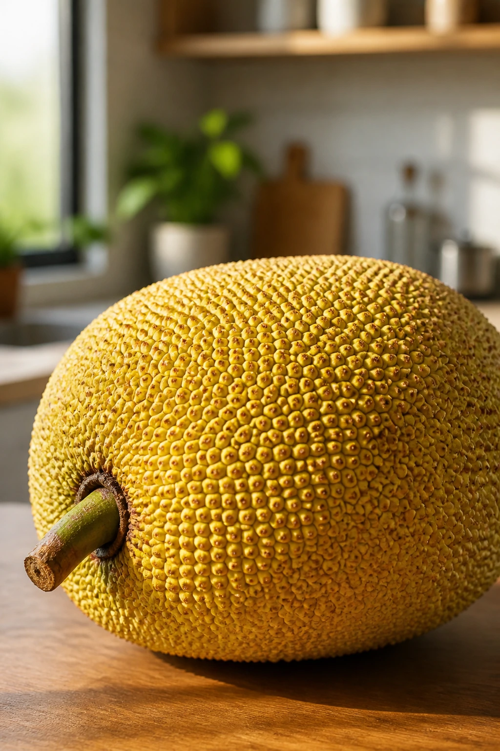 How To Ripen Jackfruit Faster: In 5 Easy Tips 4 Ripe jackfruit with pale yellow skin in a sunlit kitchen
