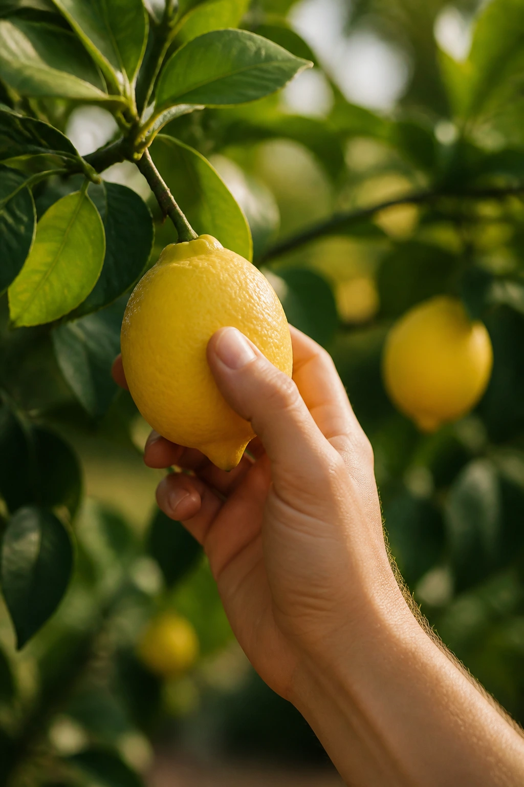 Hand twisting a ripe lemon from a lemon tree