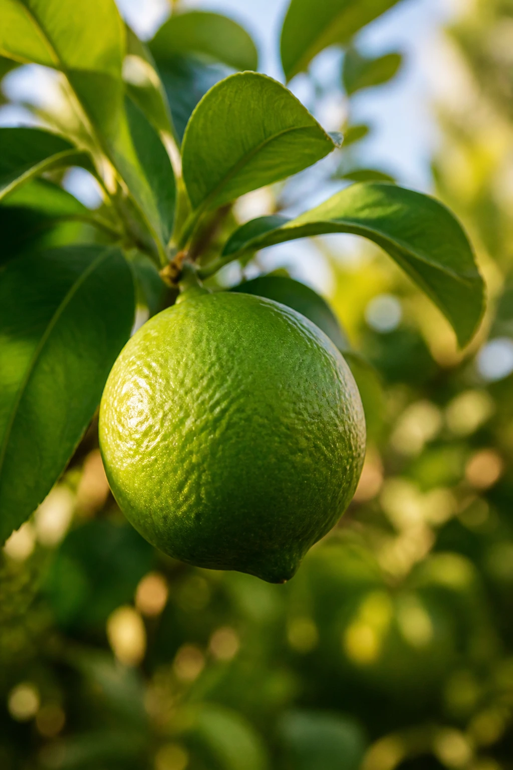 Ripe lime on branch in a sunlit garden ready for harvest