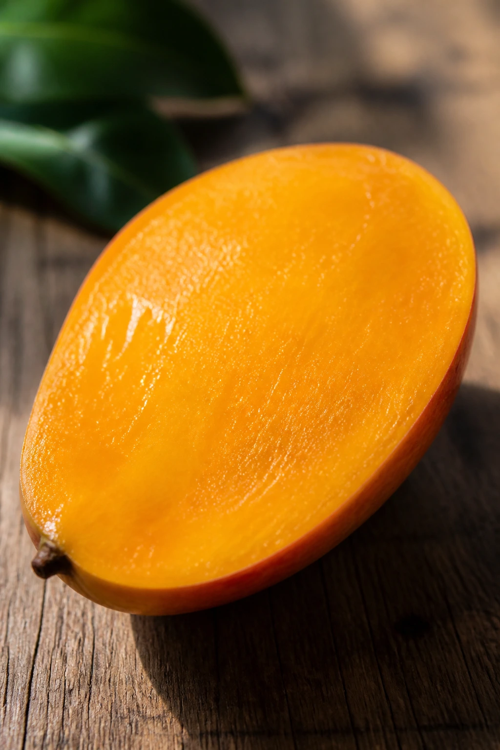 Close-up of sliced ripe mango revealing orange flesh on a wooden surface