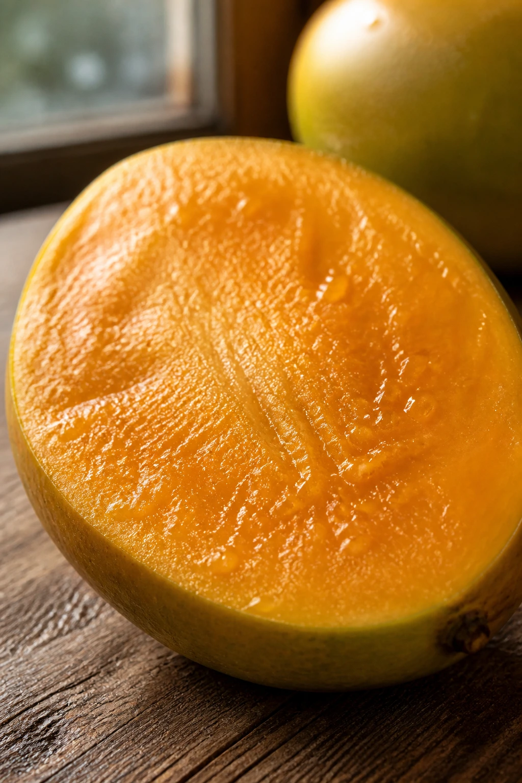 Close-up of a ripe mango half with bright orange flesh on a rustic wooden counter