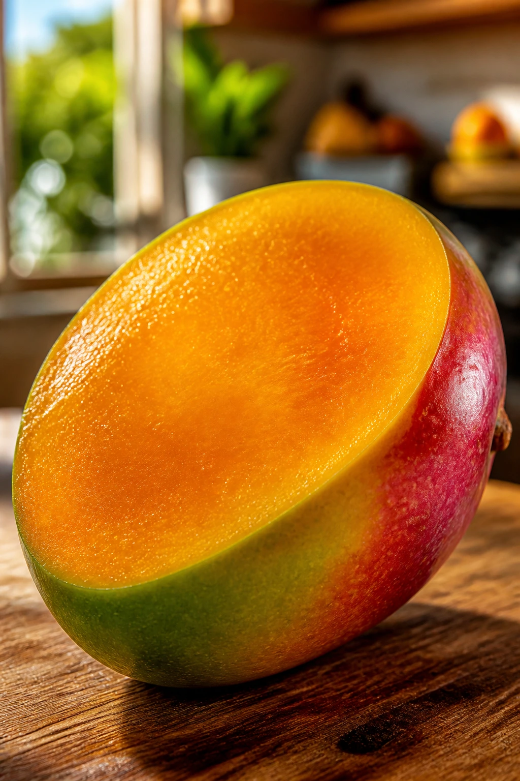 Close-up of a ripe mango half showing golden flesh on a wooden kitchen surface