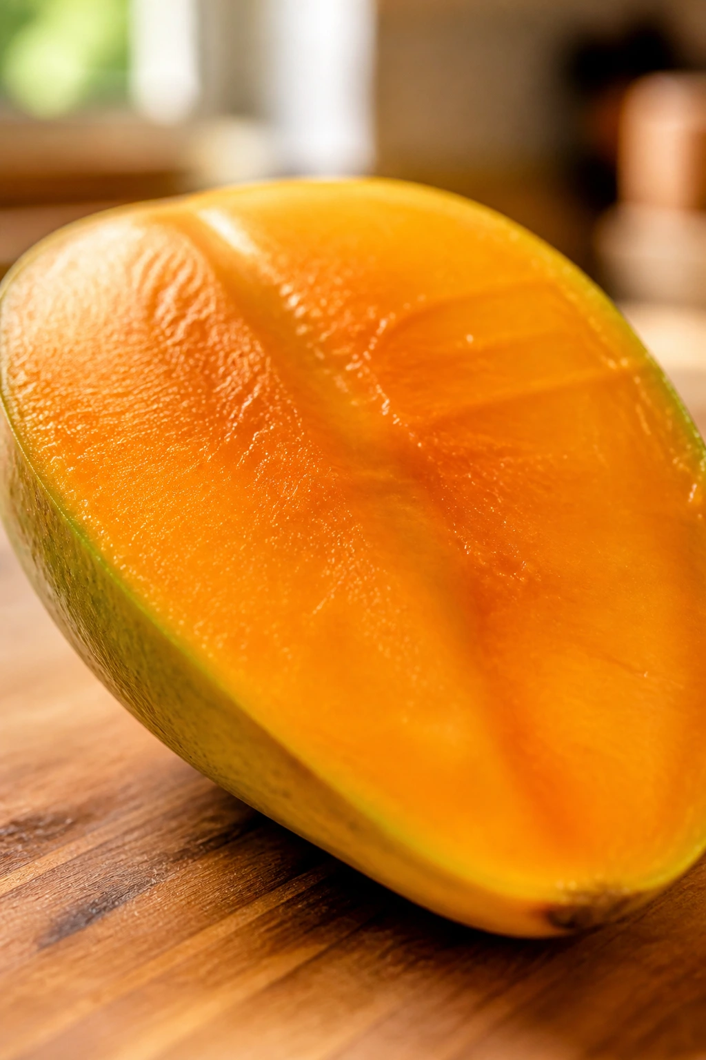 10 Amazing Fruits That Symbolize Happiness 9 Close-up of a ripe mango half on a wooden board