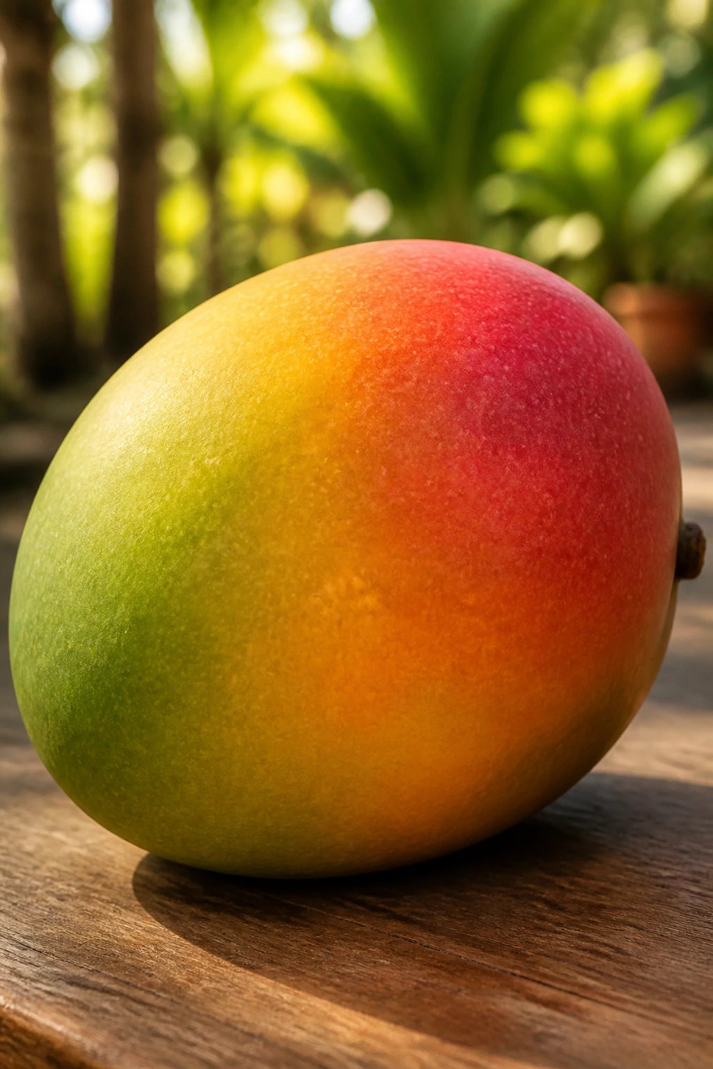 Tropical Showdown: Mango Vs Pineapple - A Comparison 1 Close-up of a ripe mango showing color gradient on a sunlit wooden table.
