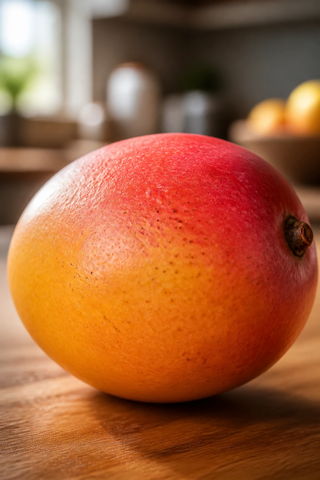Close-up of a ripe mango with yellow-orange skin on a wooden kitchen counter