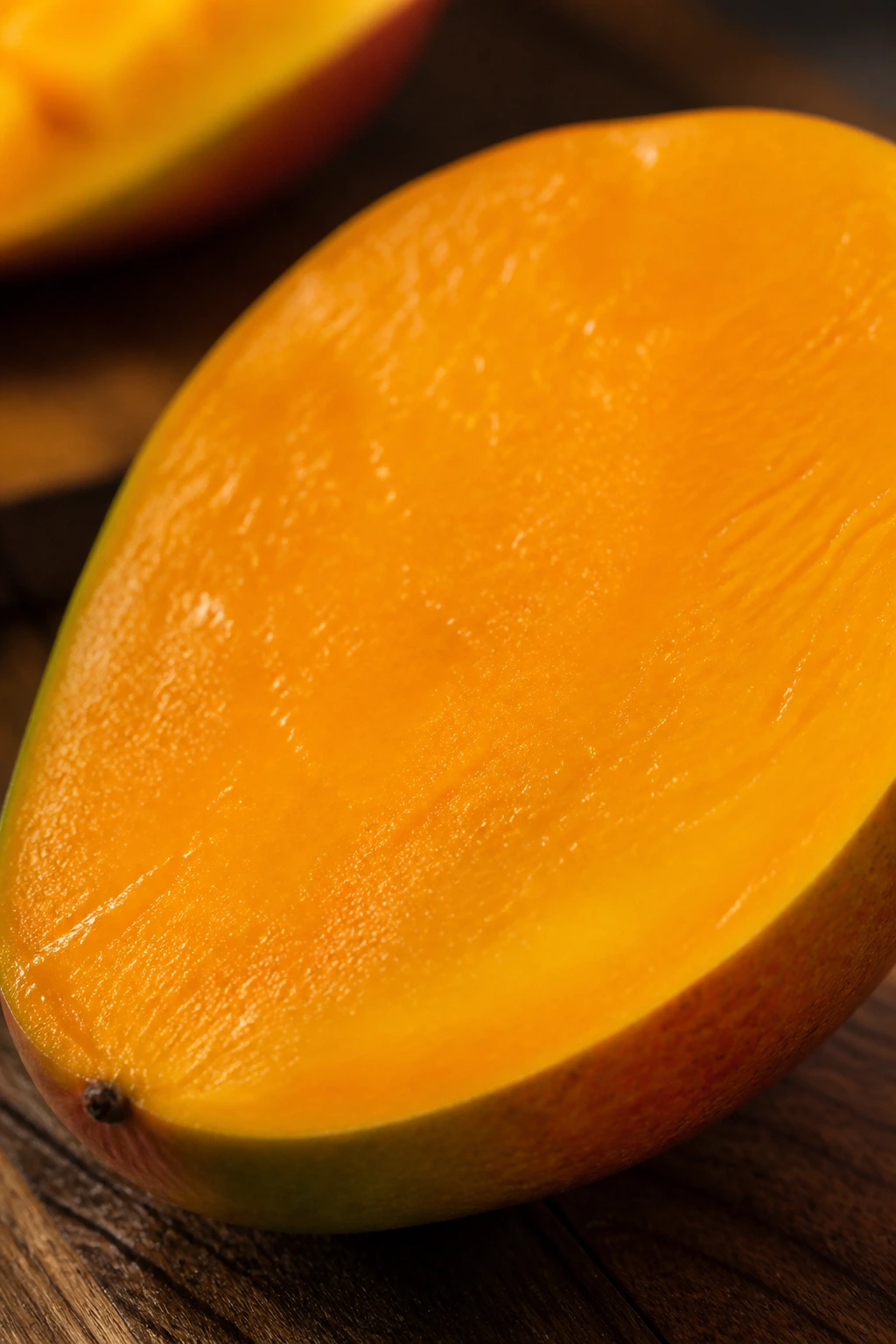 Close-up of a ripe mango half on a wooden counter with warm kitchen lighting