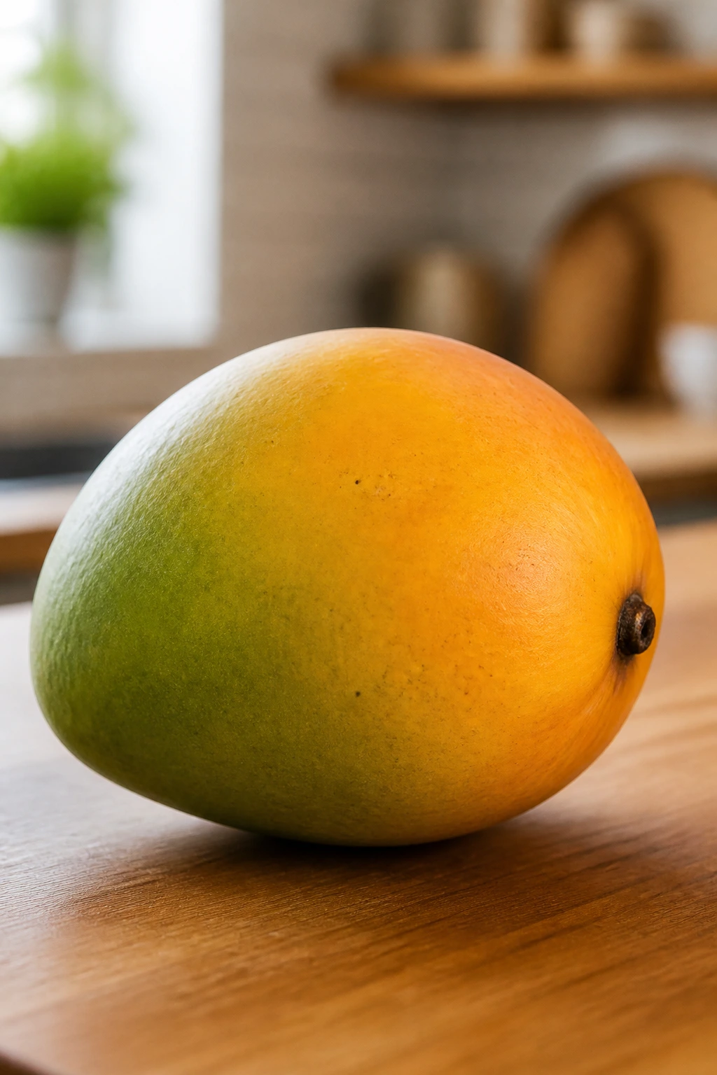 Close-up of a ripe mango on a wooden kitchen surface