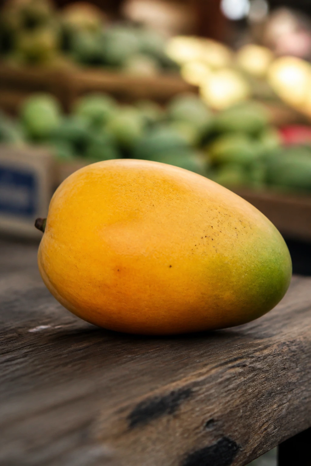 Close-up of a ripe mango with a market blur in the background