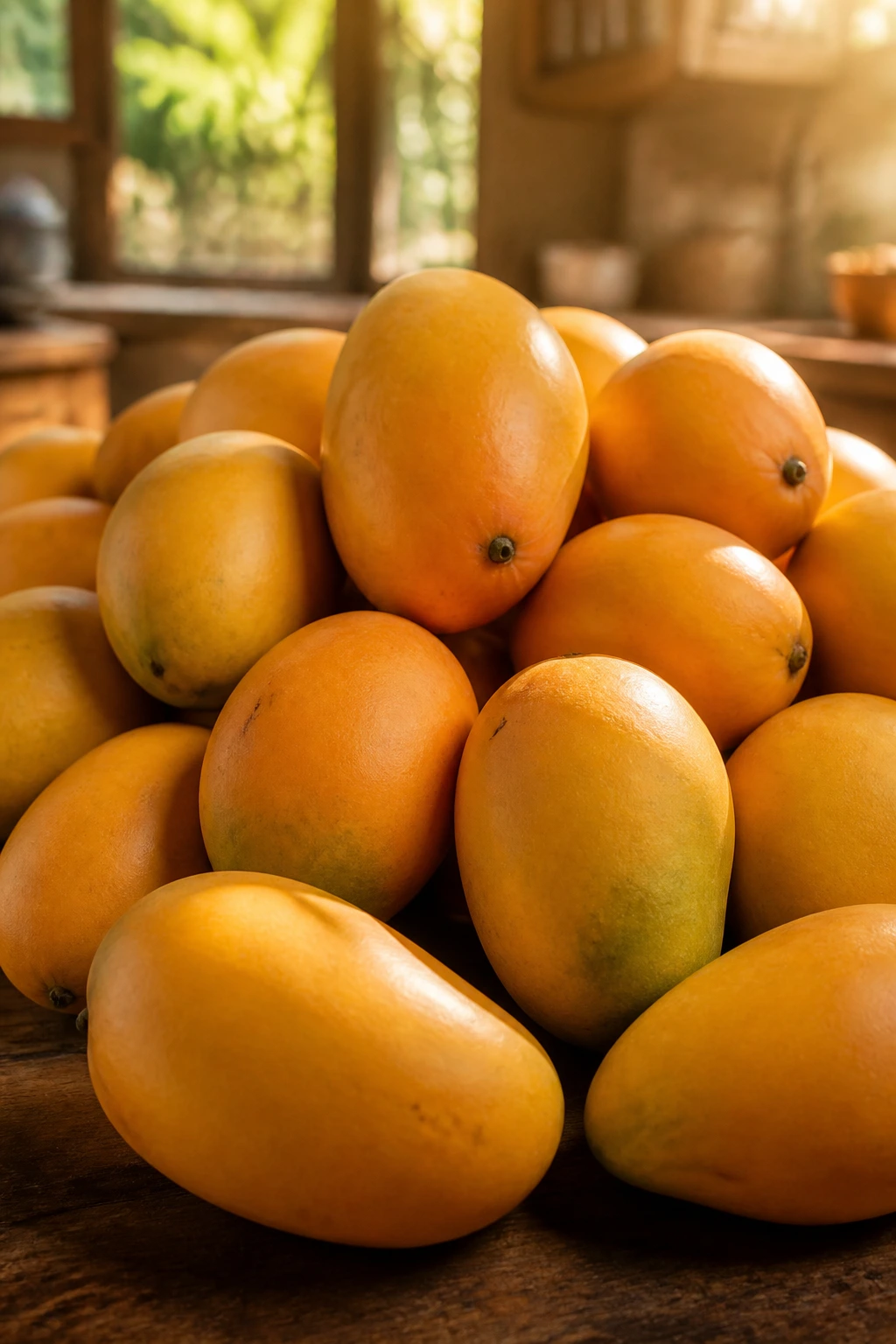 Can Eating Too Many Mangoes Cause Diarrhea? Find Out Now! 1 Close-up of ripe mangoes filling a wooden kitchen counter