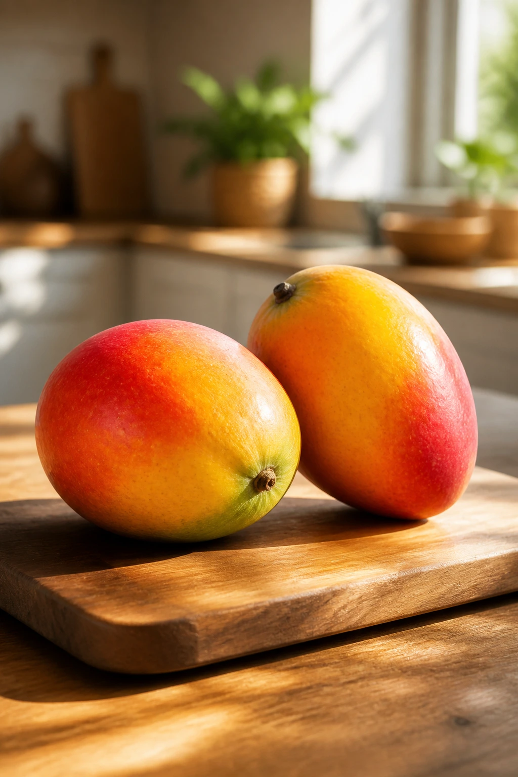 Two ripe mangoes on a wooden cutting board in a sunlit kitchen