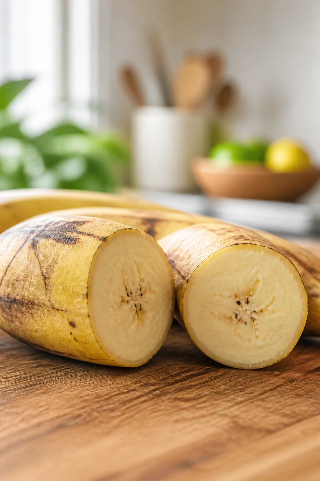 Ripe plantain sliced open on wooden surface