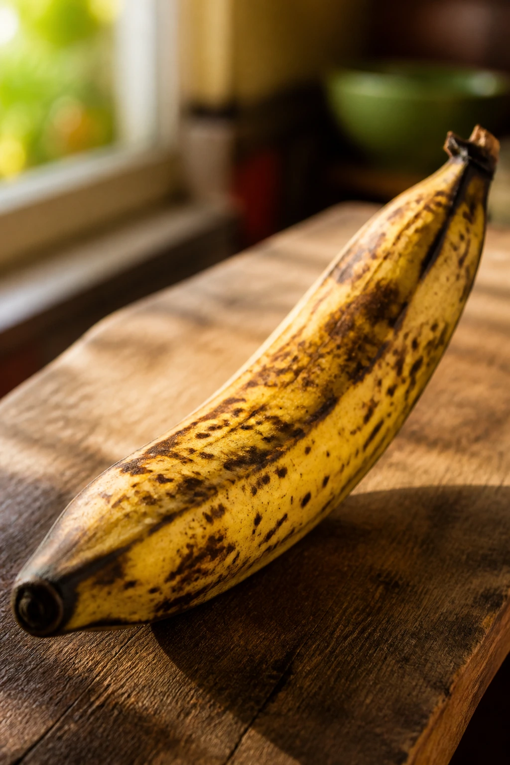 Close-up of a ripe plantain with yellow skin and black spots on a wooden cutting board