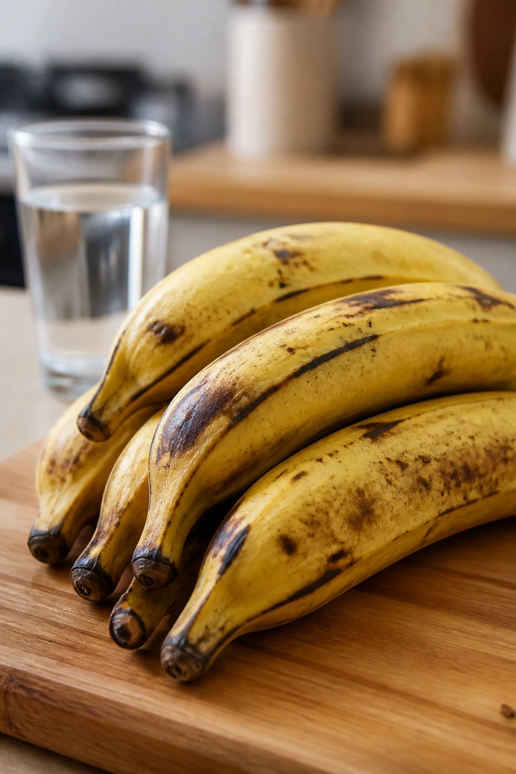 Four to five ripe plantains on cutting board with water