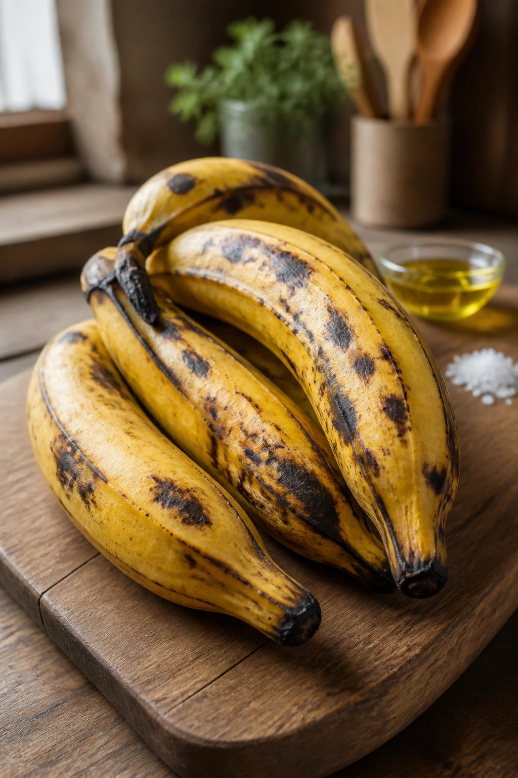 How to Make Plantain Chips: A Step-by-Step Guide 1 Close-up of ripe plantains with salt and oil in a kitchen setting