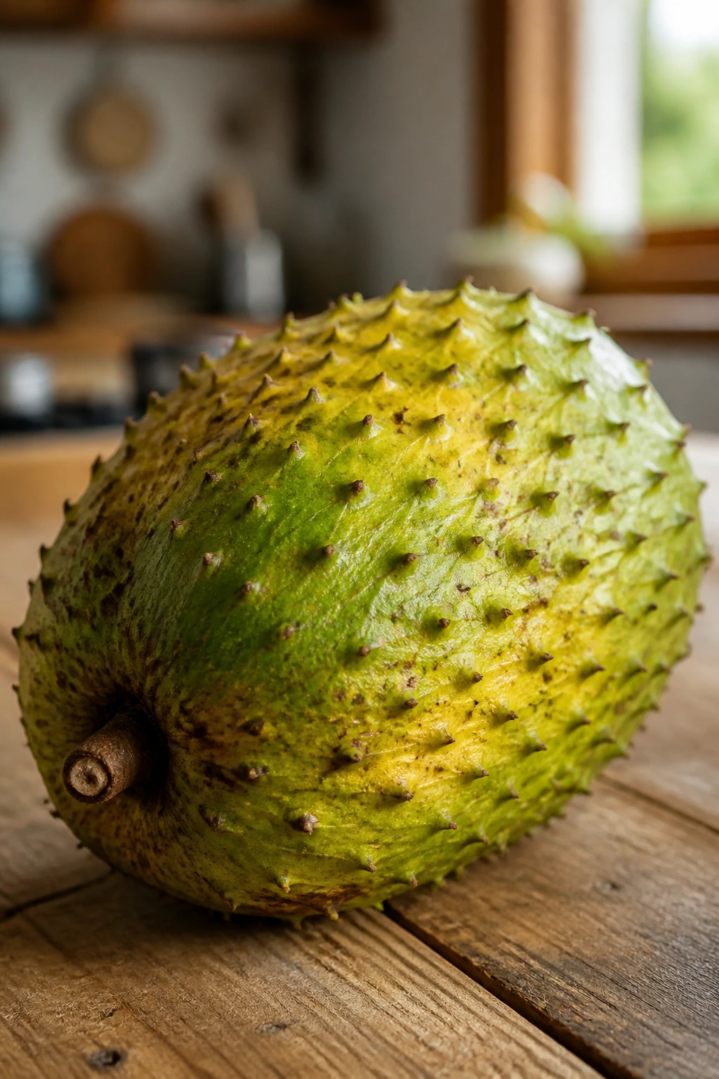 How To Tell If Soursop Is Ripe 1 Close-up of a ripe soursop with yellow-tinged green skin on a wooden counter