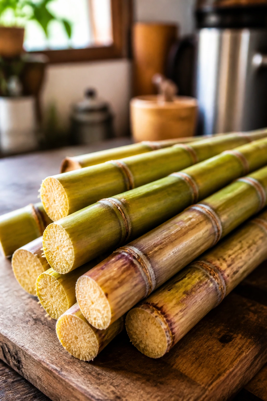 How To Make Sugar Cane Juice At Home 1 Close-up of ripe sugar cane stalks on wooden cutting board