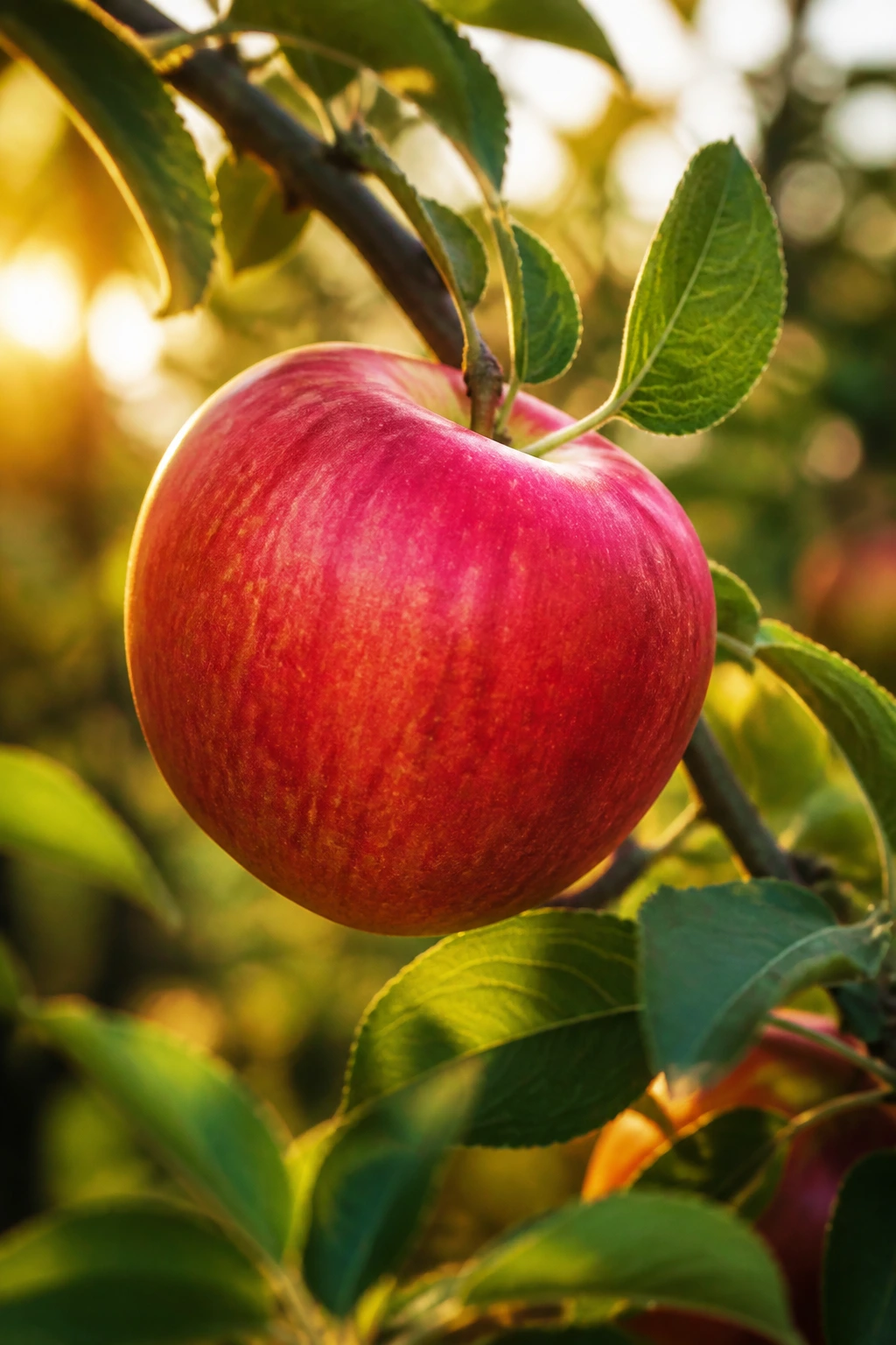 Ripe apple on branch showing color change in natural light