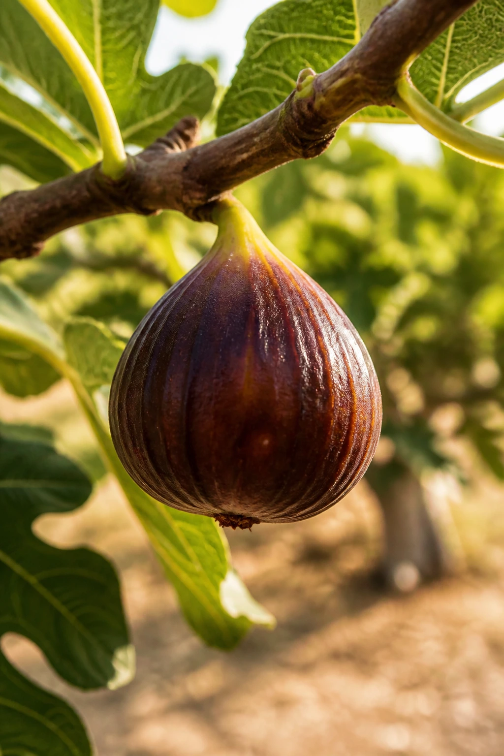 Close-up of a ripe fig on a branch in a sunlit orchard, illustrating ripening stages