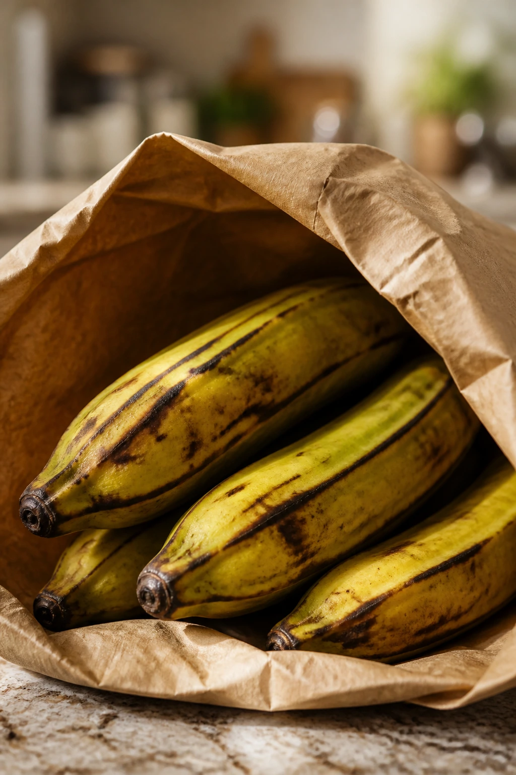 Plantains inside a brown paper bag on a kitchen counter illustrating ripening methods