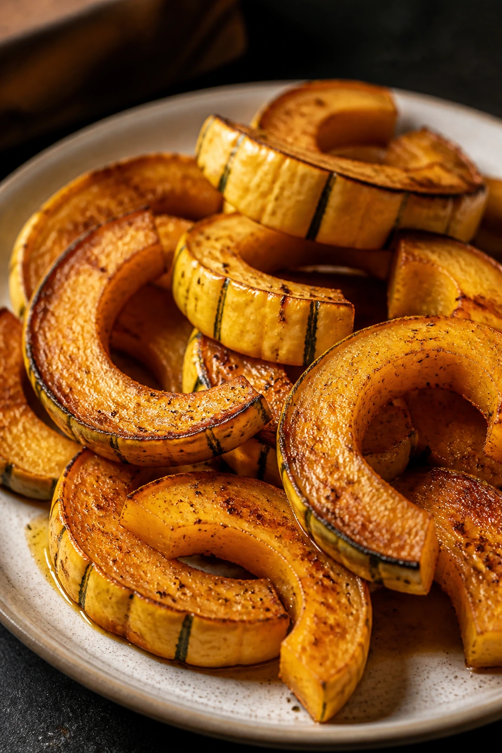 How To Cook Delicata Squash On Stove: Step-By-Step Guide 4 Roasted delicata slices on a plate with warm lighting