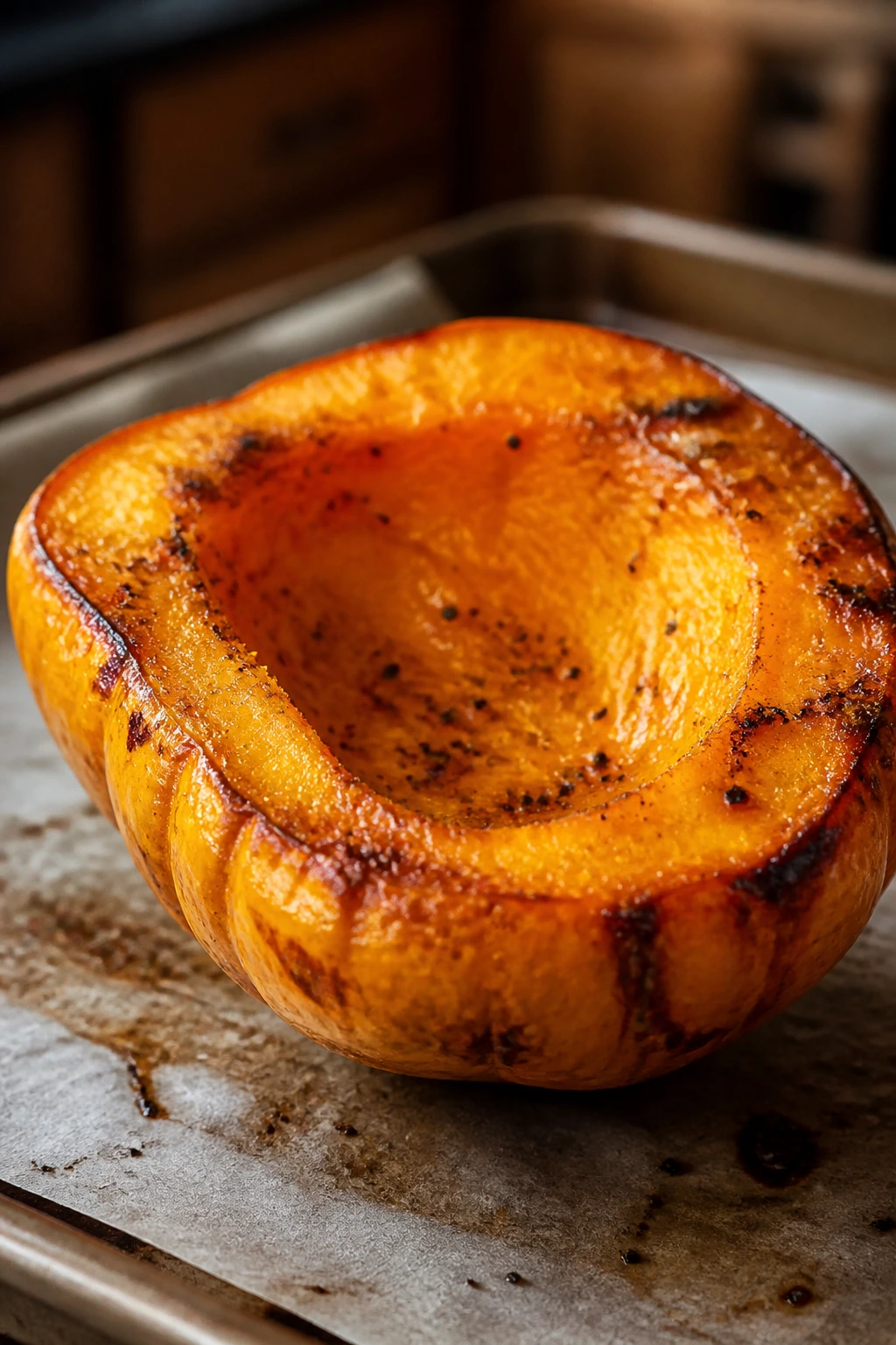 Golden Nugget Squash Recipe (Pro Guide) 3 Roasted golden nugget squash half with caramelized skin, on parchment
