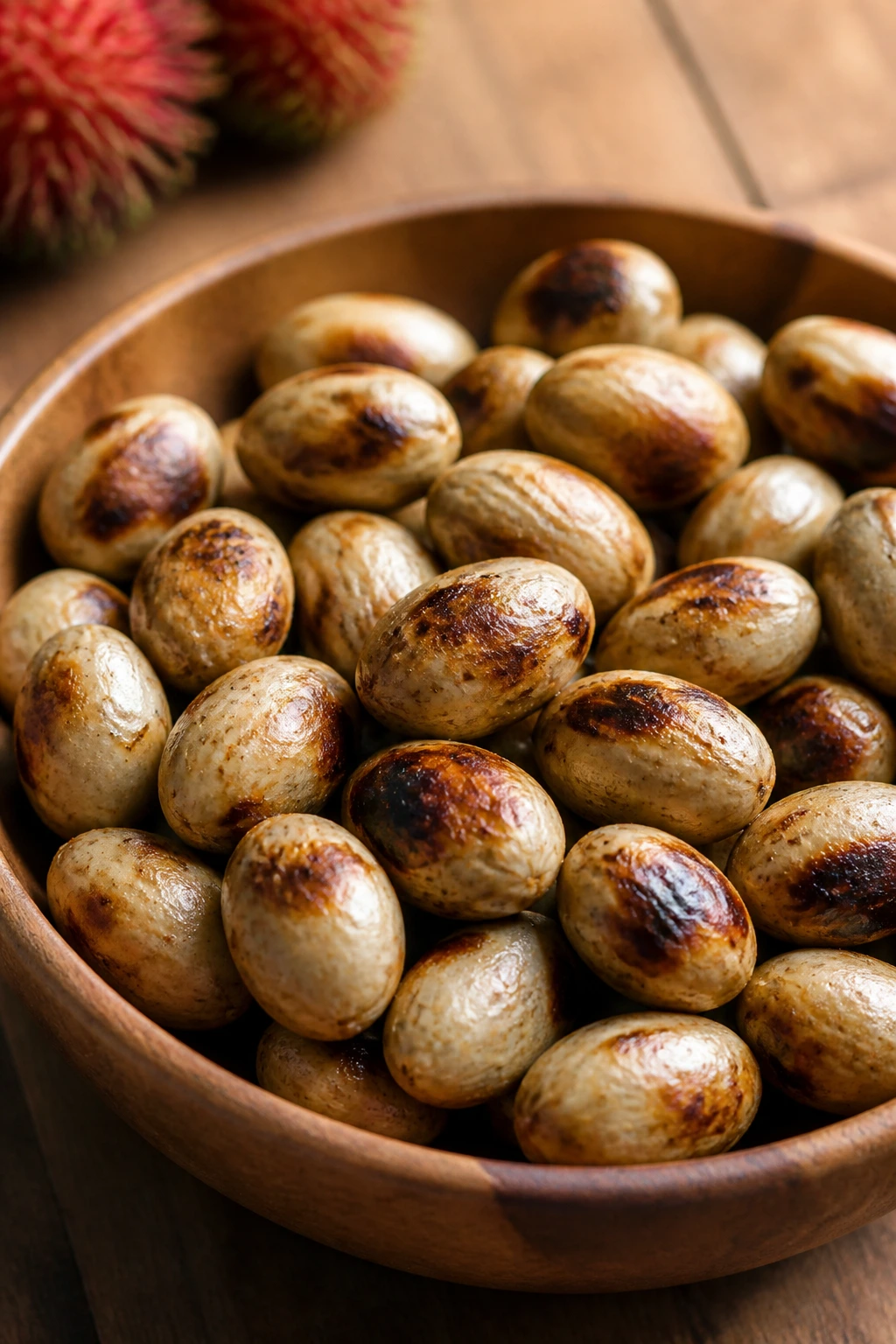 Roasted rambutan seeds in a wooden bowl filling the frame in a warm kitchen