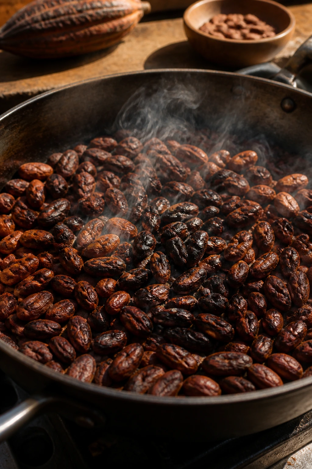 What Does Cacao Fruit Taste Like? 2 Roasted cacao beans in a pan with steam and warm light
